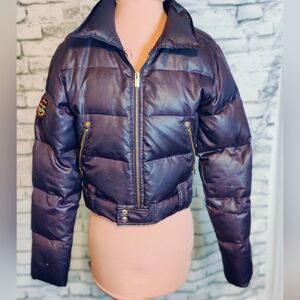 Triple FAT Goose deep purple Puffer cropped goose down Coat gold hardware Logo L